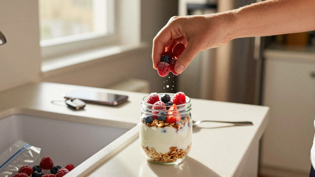 Mão a colocar frutos vermelhos num copo com iogurte e granola numa cozinha iluminada.