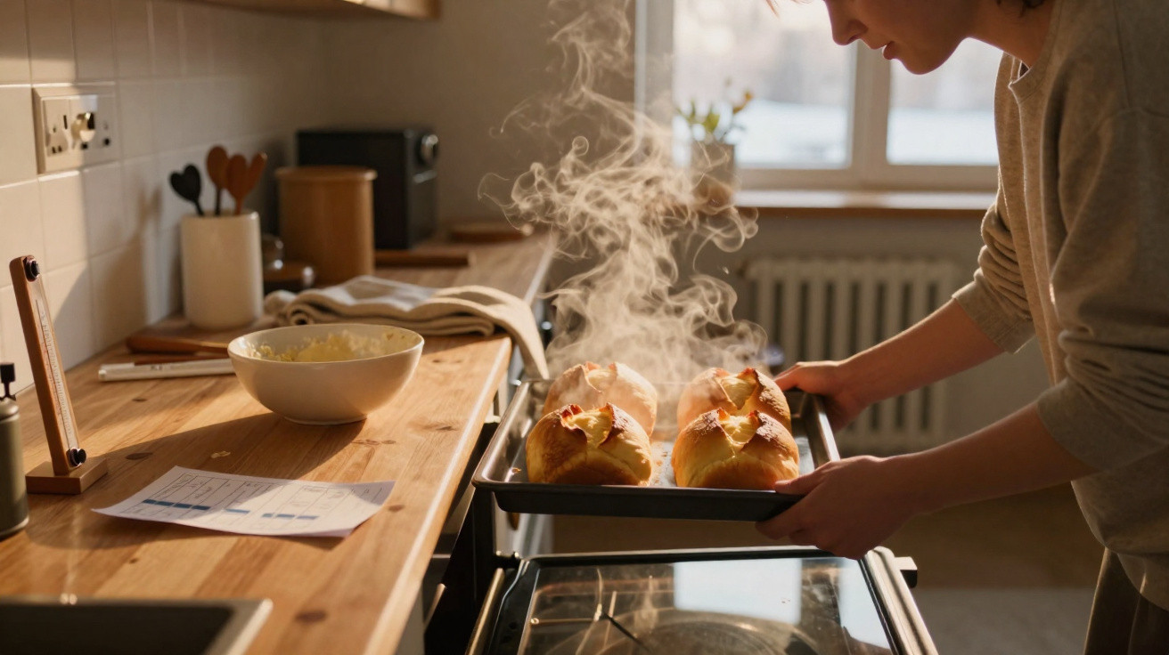 Pessoa a retirar do forno duas baguetes quentes a fumegar numa cozinha luminosa e organizada.