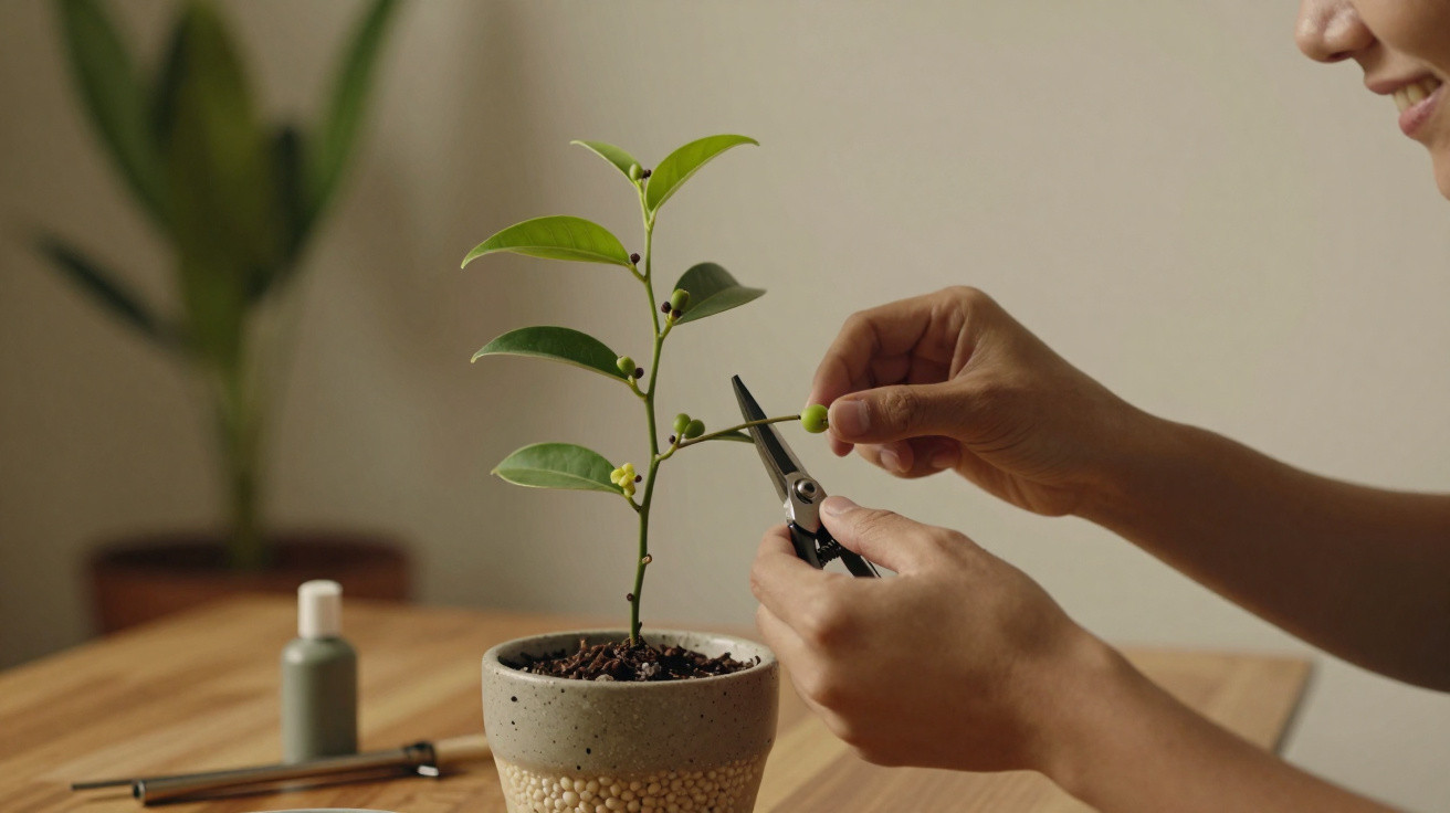 Pessoa a cuidar de planta pequena em vaso cinzento com tesoura, numa mesa de madeira clara.