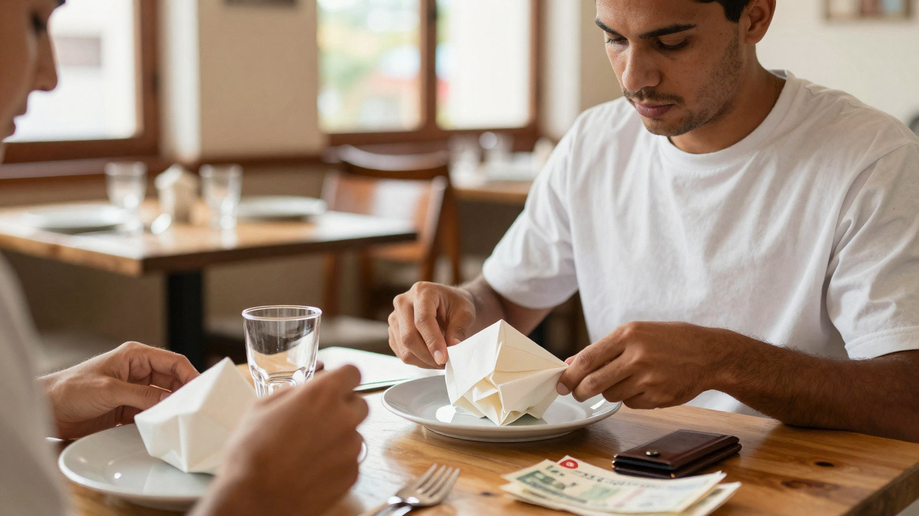 Dois homens a abrir guardanapos de origami numa mesa de restaurante, com dinheiro e carteira visíveis.