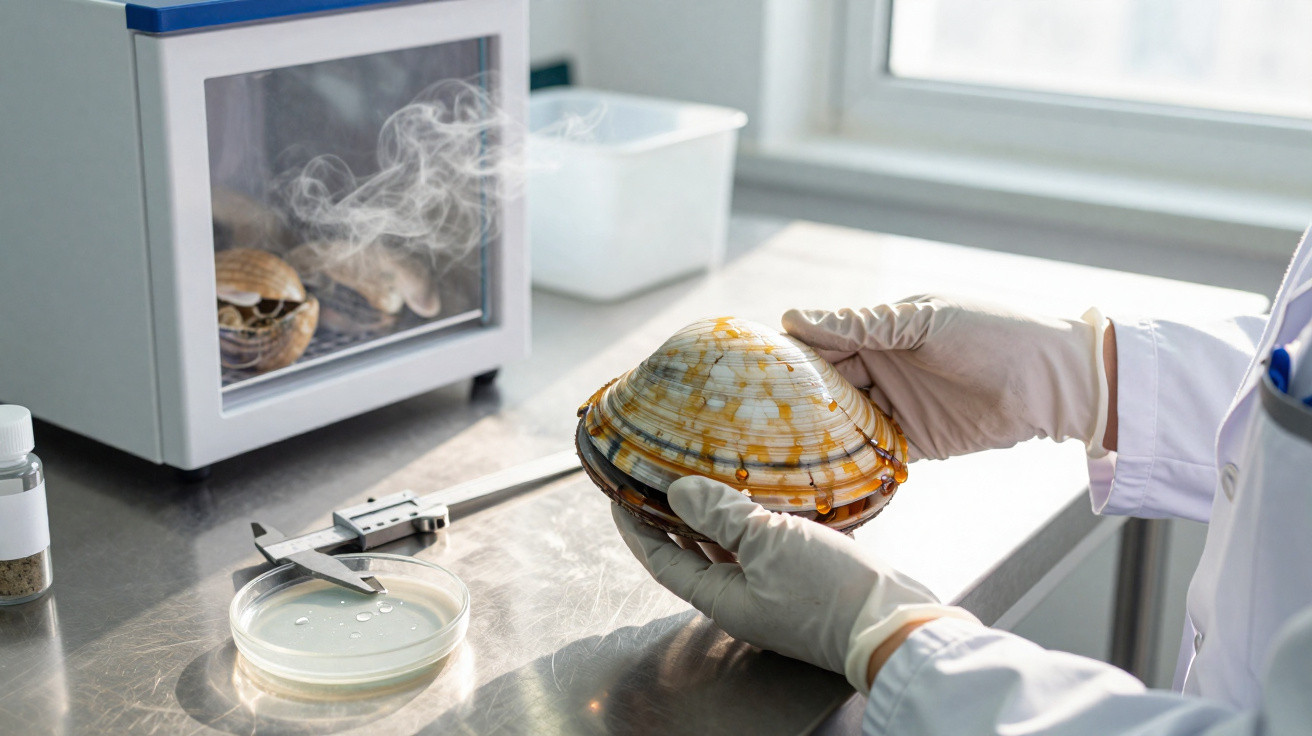 Pessoa em laboratório a segurar uma concha marinha, com equipamento científico e uma caixa de secagem ao fundo.