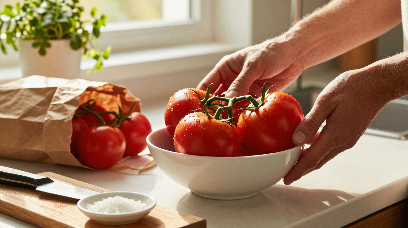 Mãos a colocar tomates frescos em cacho numa taça branca numa cozinha bem iluminada.