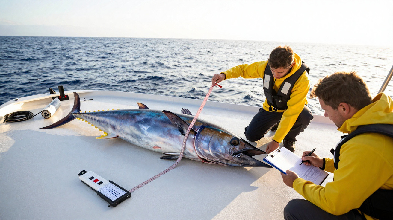 Dois pescadores medem e registam o tamanho de um atum grande numa embarcação no mar.
