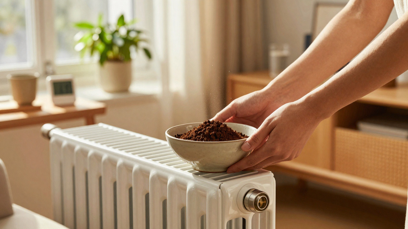 Mãos a colocar uma tigela com borra de café num radiador branco num ambiente luminoso e acolhedor.