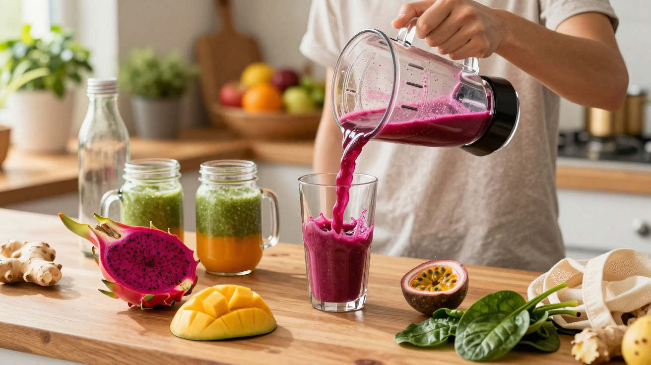 Pessoa a verter batido roxo num copo, rodeada de frutas frescas e sumos naturais numa bancada de cozinha.