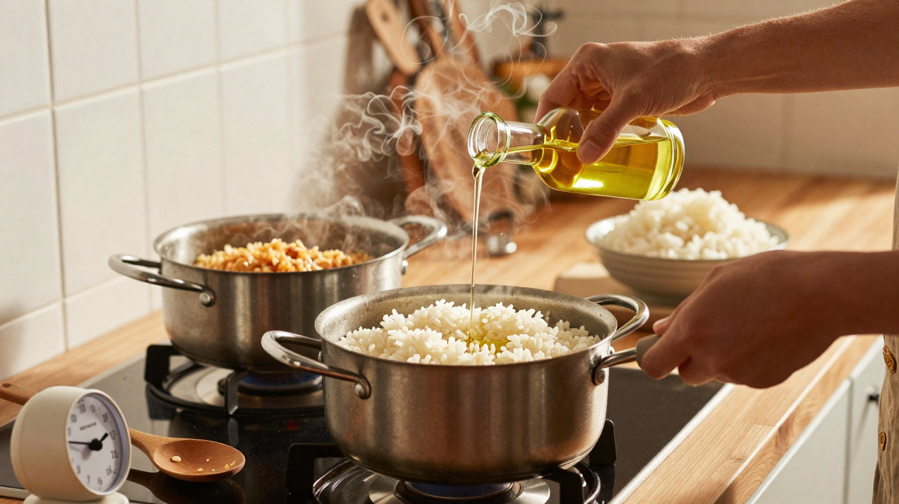 Mãos a verter óleo numa panela de arroz enquanto outra panela cozinha no fogão a gás.