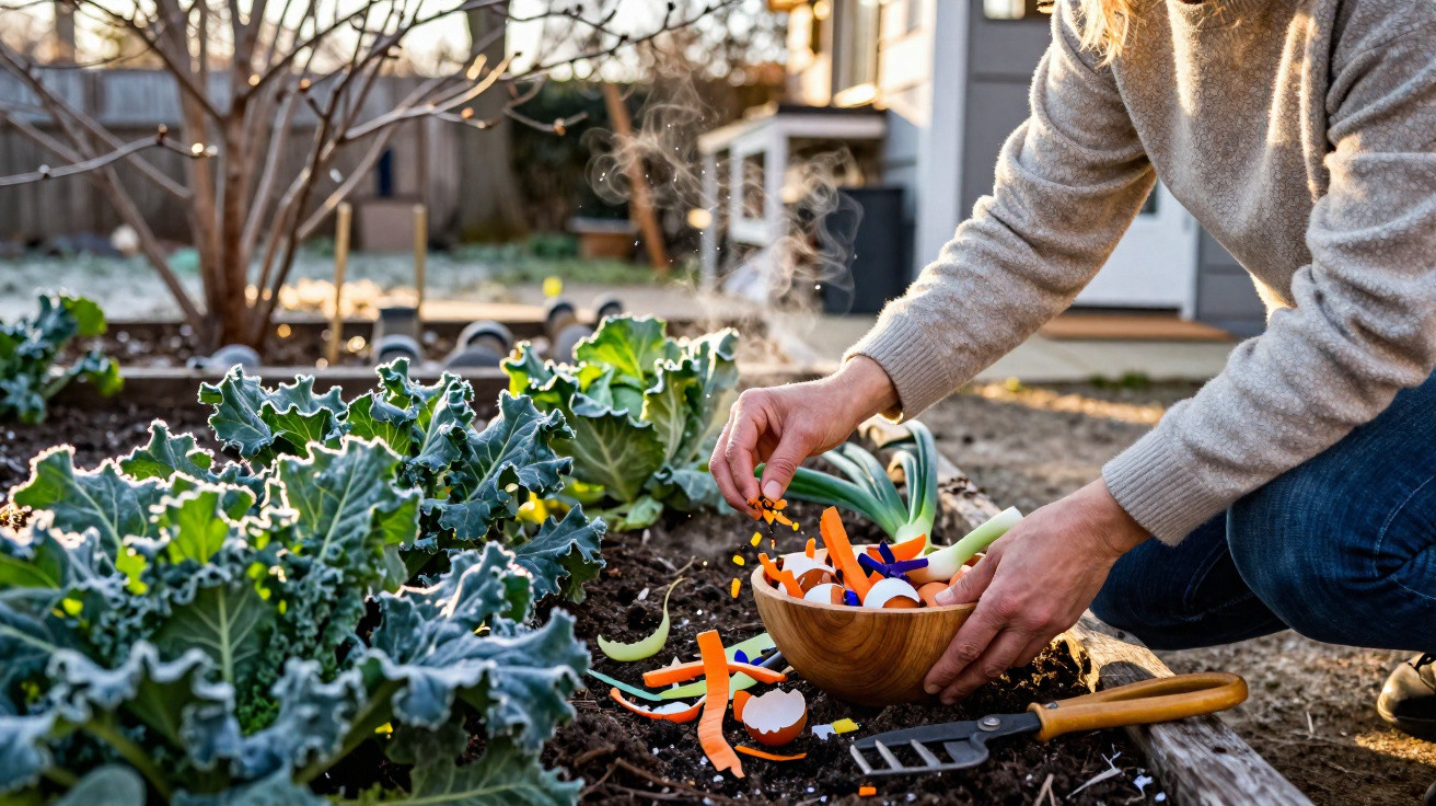 Pessoa a adicionar restos de legumes a uma composteira num jardim com vegetais verdes.