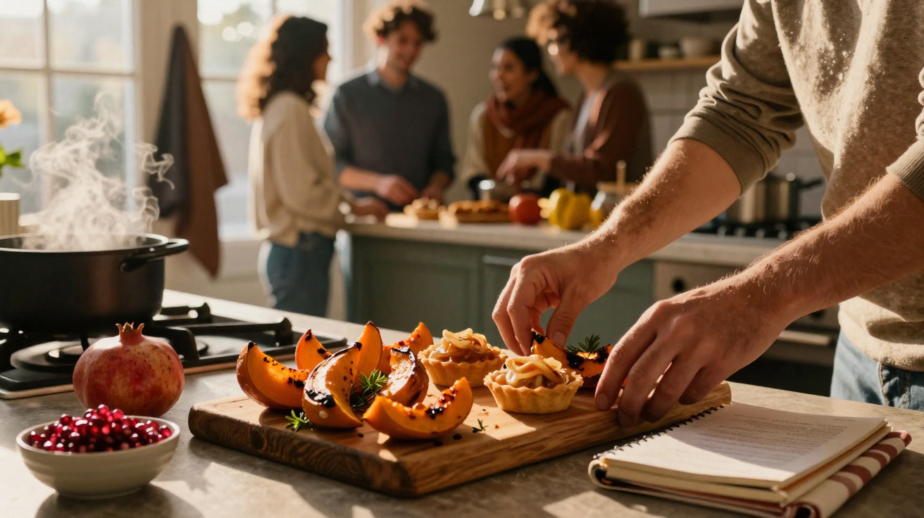 Mãos a preparar sobremesas com abóbora numa cozinha, com grupo de amigos a conversar ao fundo.
