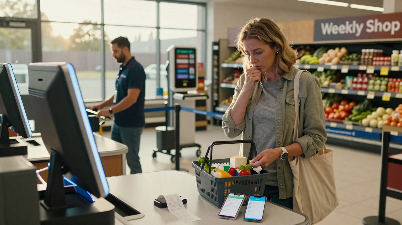 Mulher a fazer as compras no supermercado, a consultar o telemóvel com uma lista de compras na mesa.