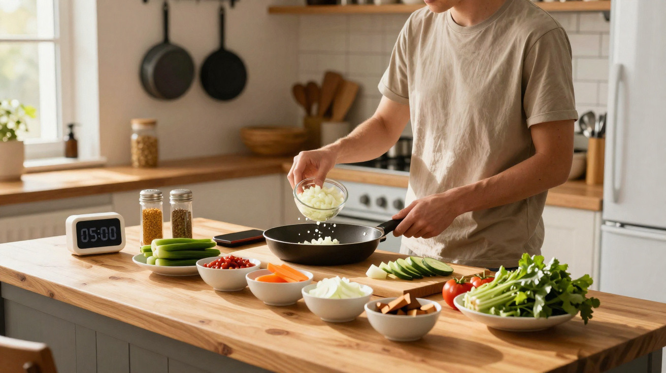 Pessoa a preparar legumes numa frigideira numa cozinha moderna com vários ingredientes frescos à sua frente.