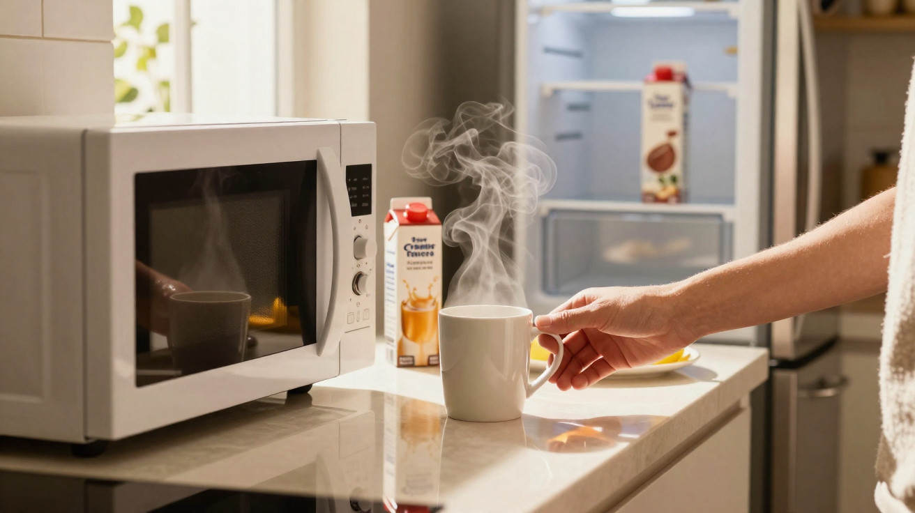 Mão a segurar chávena quente com vapor, perto de micro-ondas e frigorífico aberto numa cozinha moderna.
