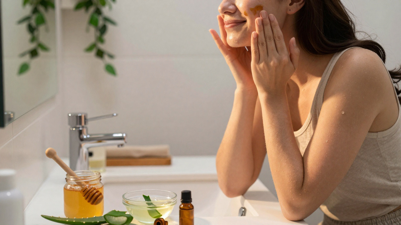 Mulher a aplicar máscara facial de mel, com produtos naturais num lavatório branco, num ambiente claro e calmo.