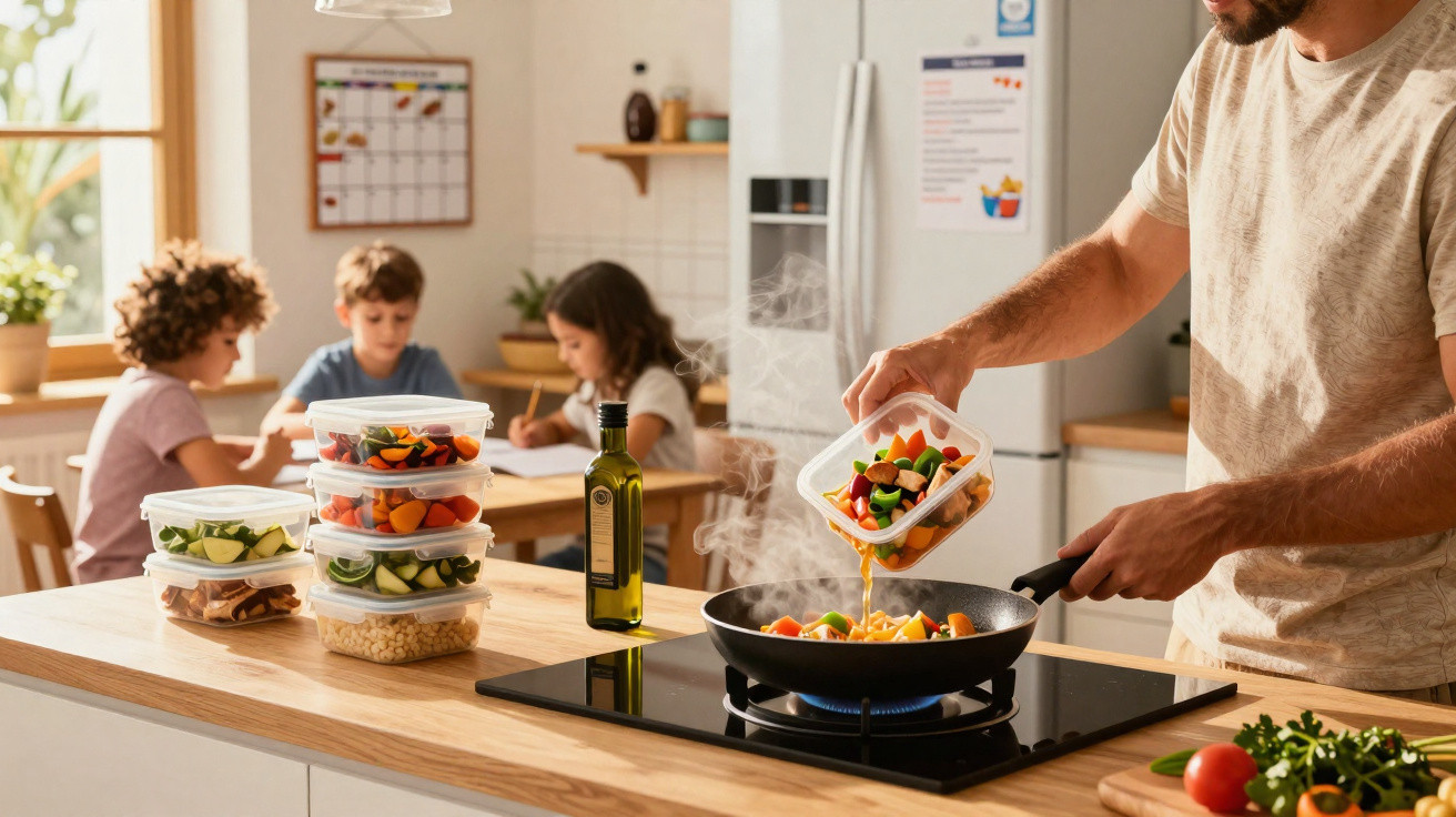 Homem a cozinhar legumes numa frigideira enquanto três crianças estudam ao fundo na cozinha.
