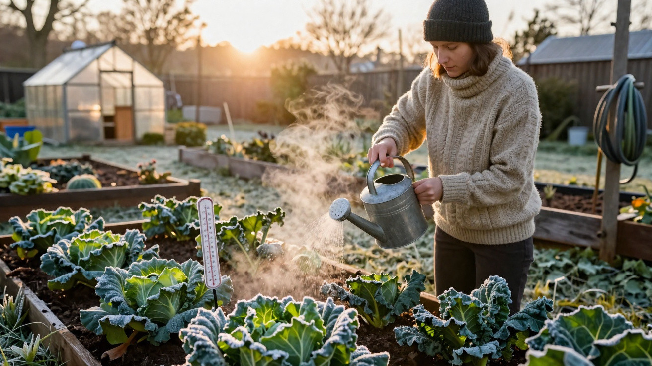 Mulher com camisola e gorro a regar plantas cobertas de geada numa horta ao amanhecer.