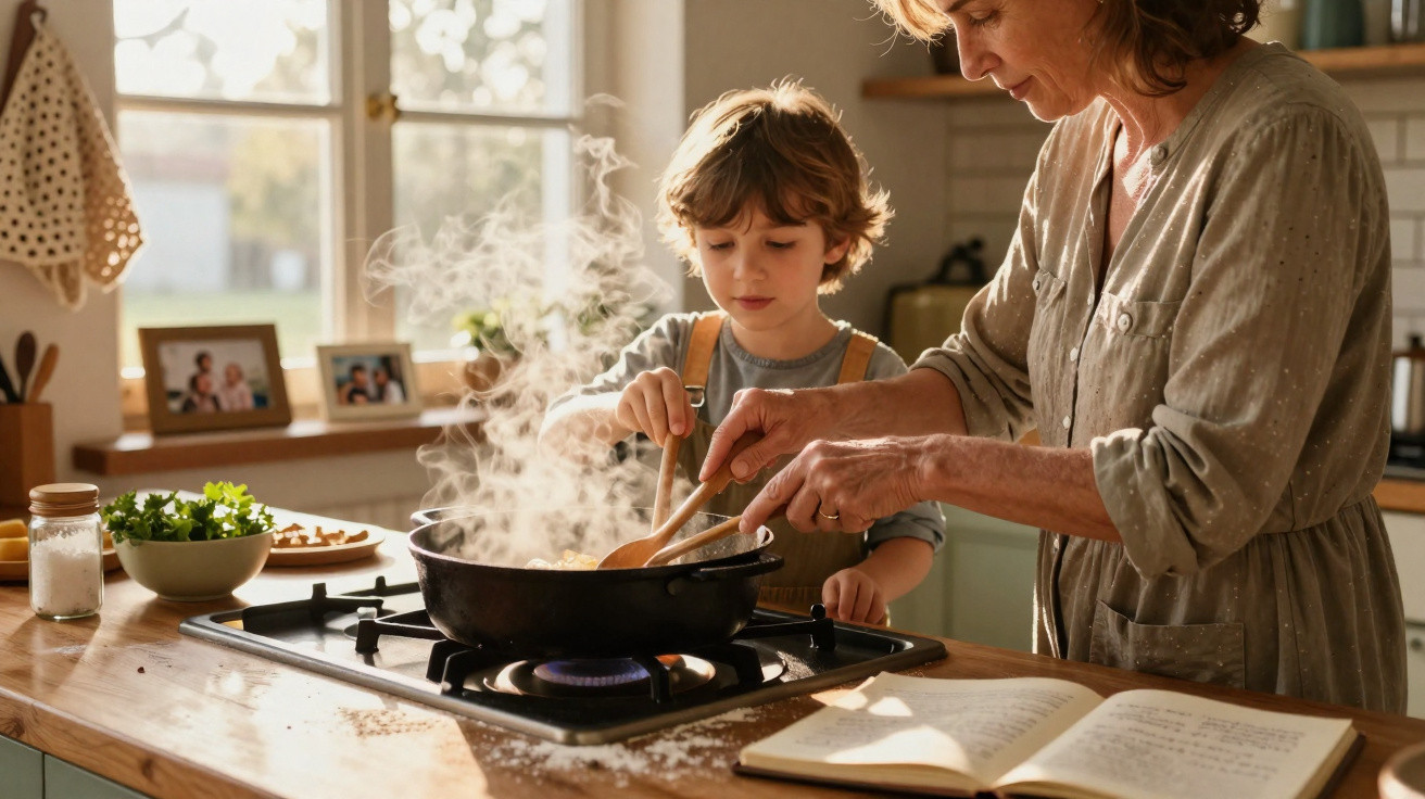 Criança e mulher a cozinhar juntos numa cozinha iluminada, mexendo uma panela no fogão a gás.