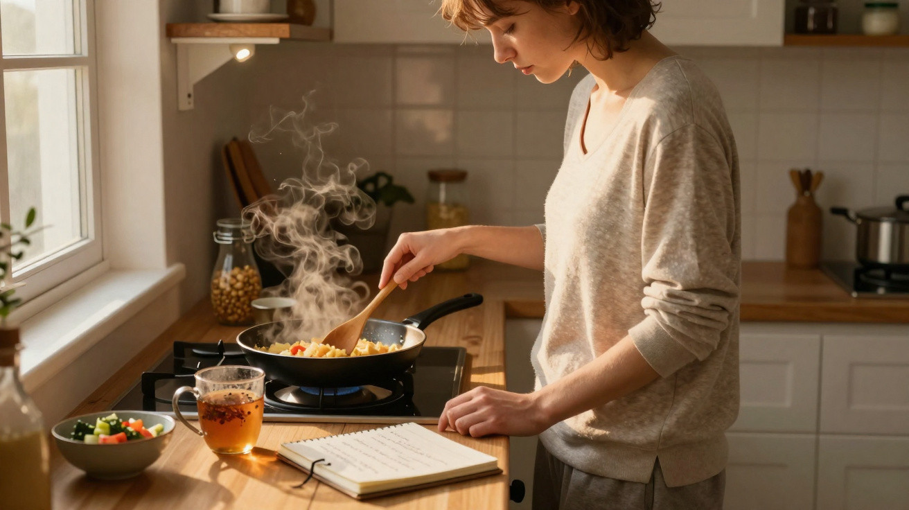 Mulher a cozinhar numa frigideira enquanto lê receita num caderno numa cozinha iluminada naturalmente.