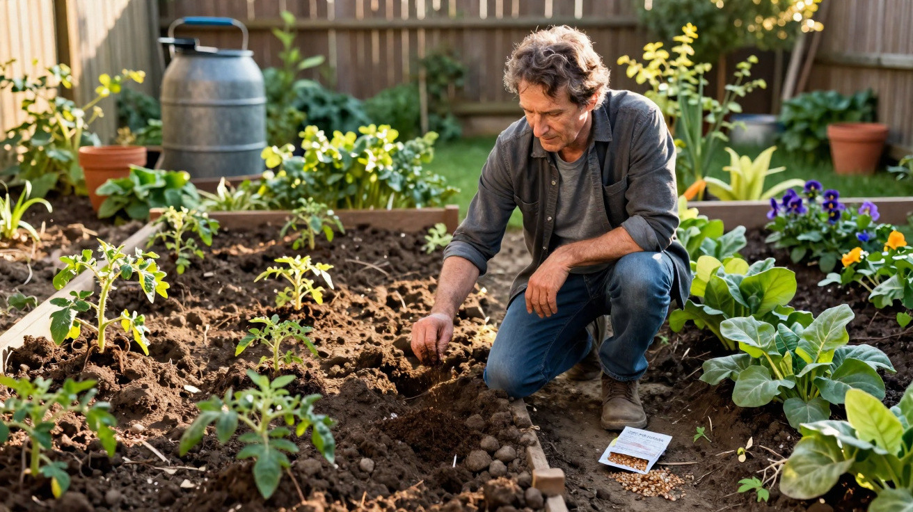 Homem a plantar sementes num canteiro de jardim com várias plantas e flores.