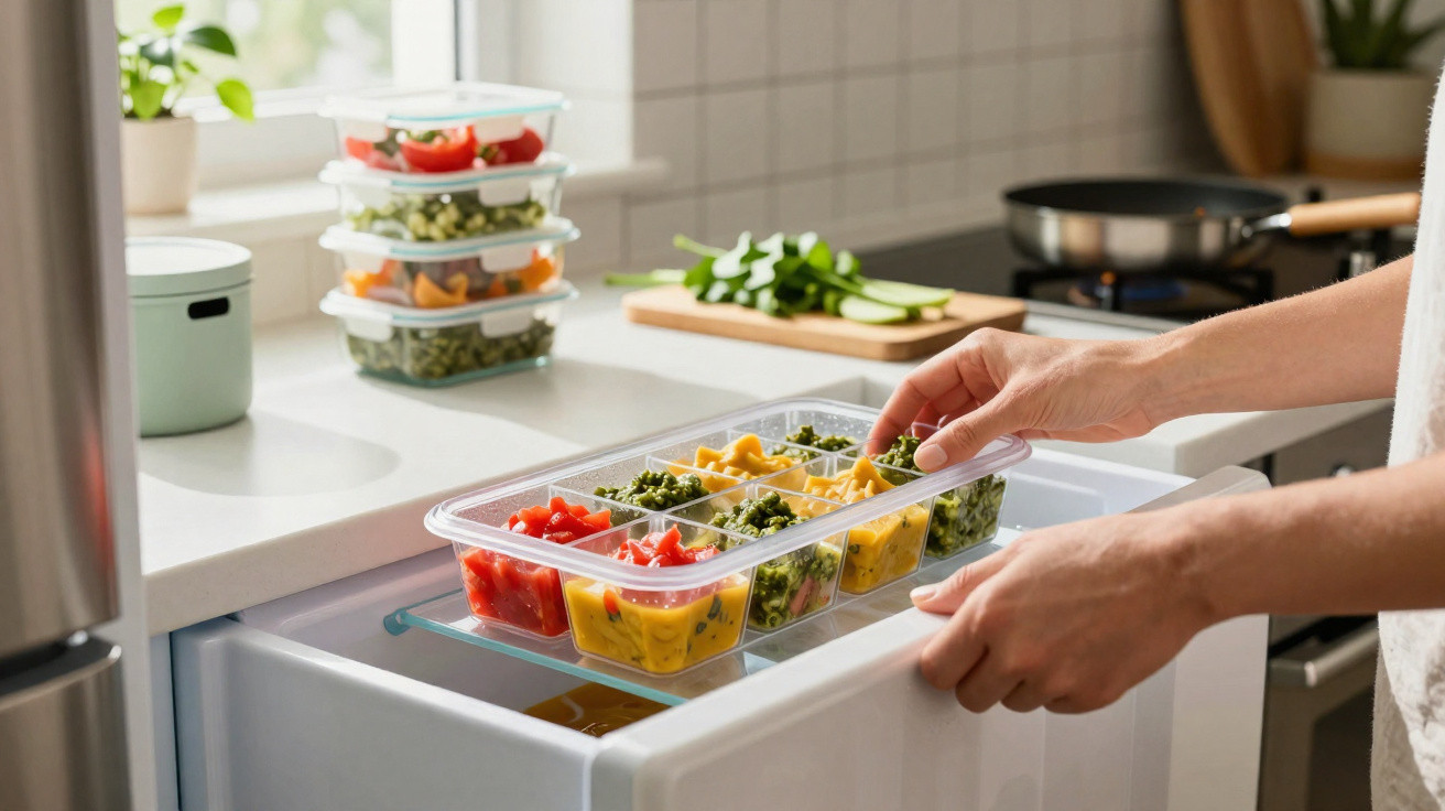 Pessoa a colocar recipiente de plástico com alimentos variados no congelador numa cozinha moderna.