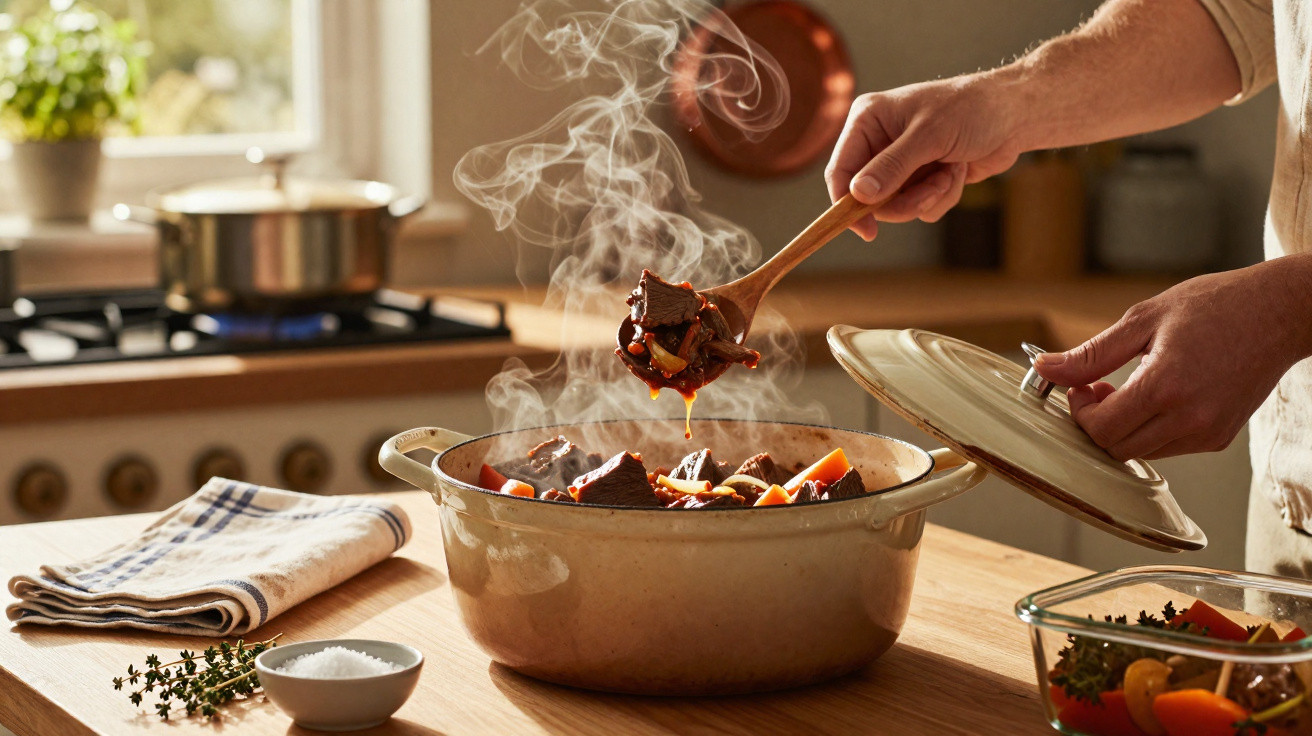 Pessoa a servir estufado quente numa panela de cerâmica numa cozinha com luz natural.