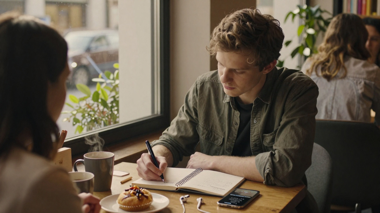 Jovem a escrever em caderno numa mesa de café, com chá e uma sobremesa, enquanto conversa com outra pessoa.