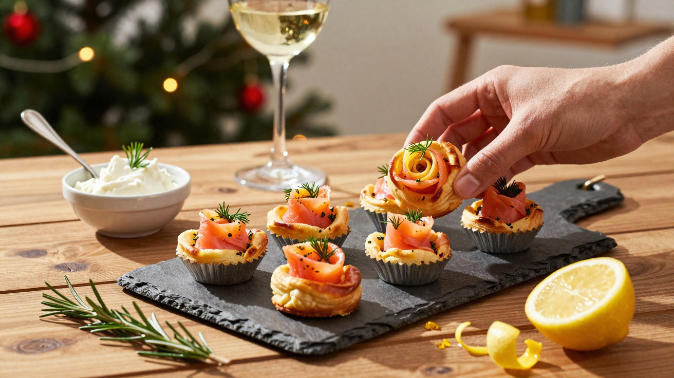 Tábua com tartes de salmão fumado decoradas com ervas, creme num recipiente e copo com bebida branca.