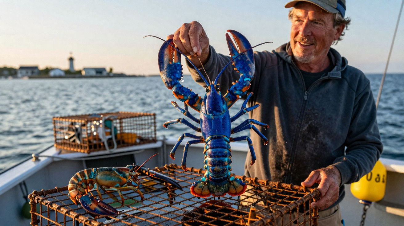 Pescador a bordo de barco segura uma lagosta azul recém-pescada sobre armadilha no mar ao pôr do sol.