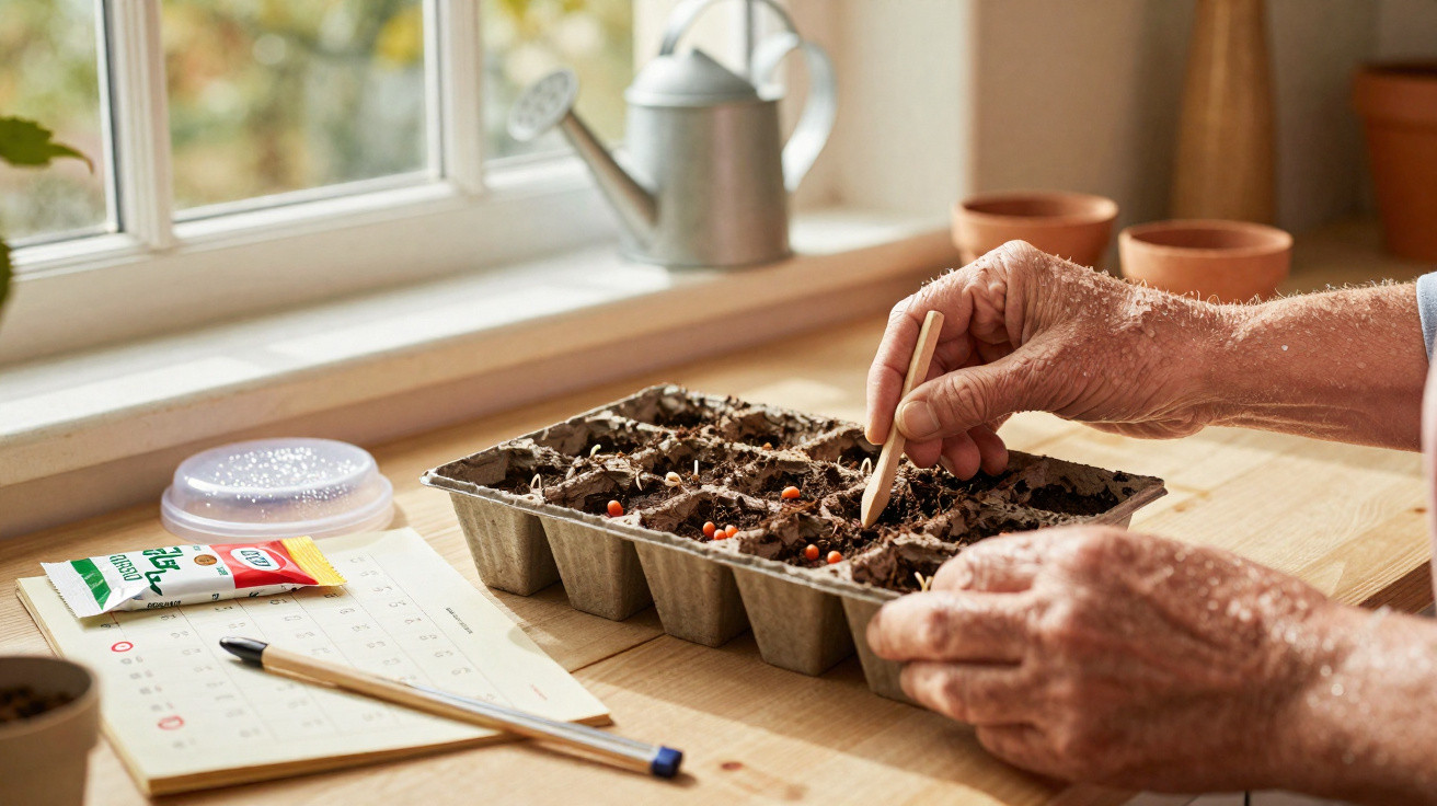 Mãos de pessoa a semear sementes em tabuleiro de germinação na luz natural junto à janela.