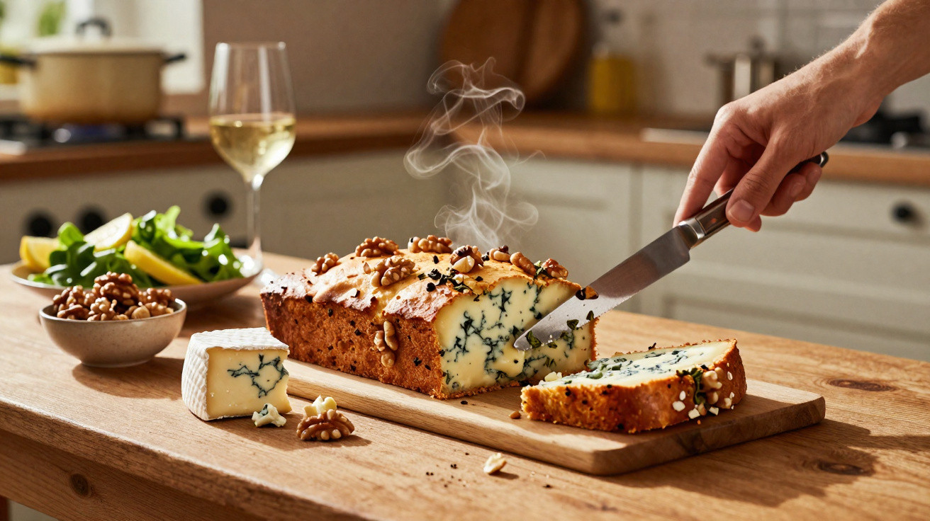 Mão a cortar pão de queijo azul com nozes numa tábua de madeira, ao lado de salada, nozes e copo de vinho.