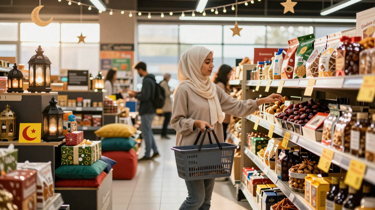 Mulher de hijab a fazer compras em supermercado decorado com luzes e lanternas.