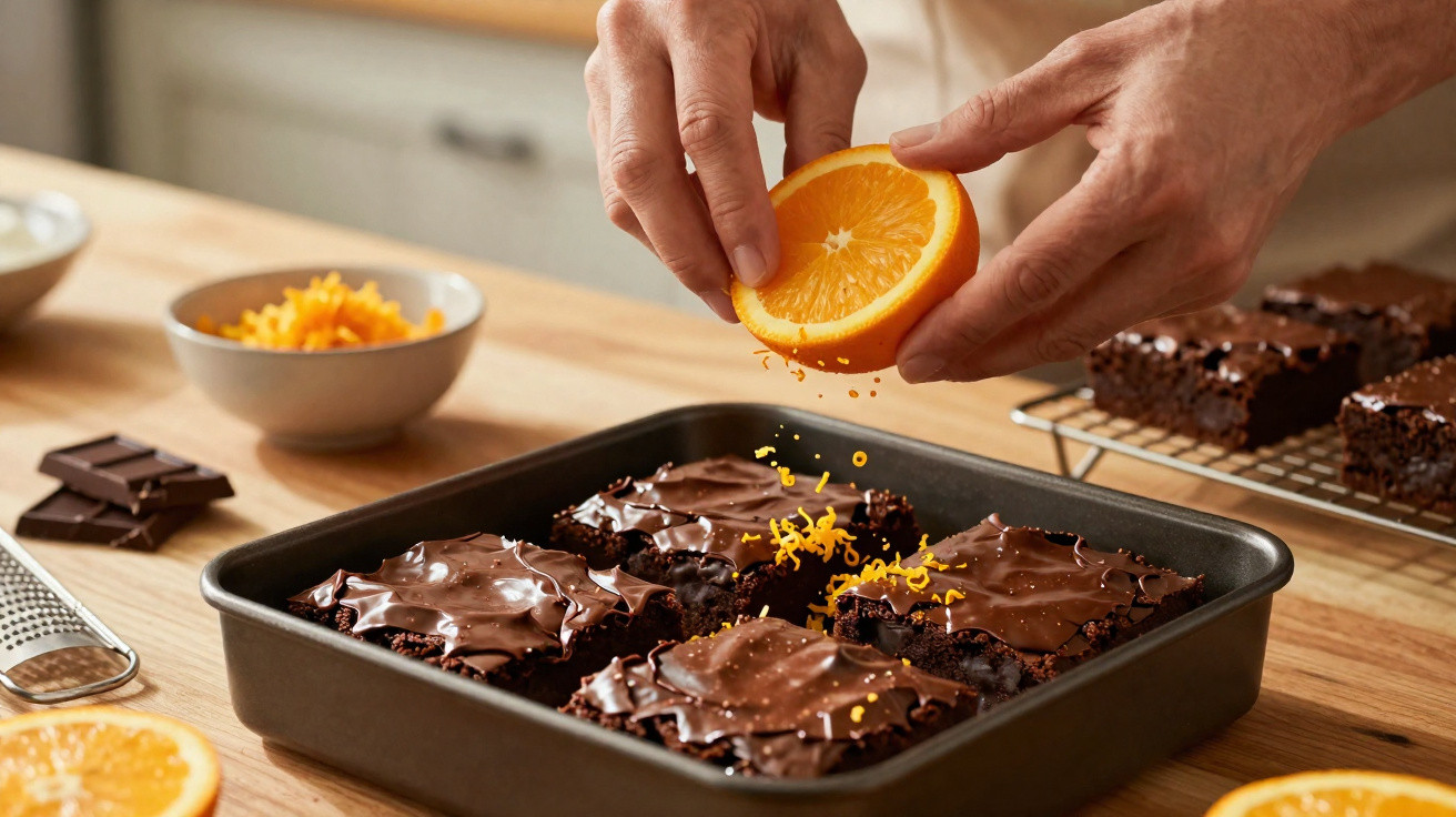 Pessoa a ralar casca de laranja sobre brownies de chocolate numa forma quadrada na cozinha.