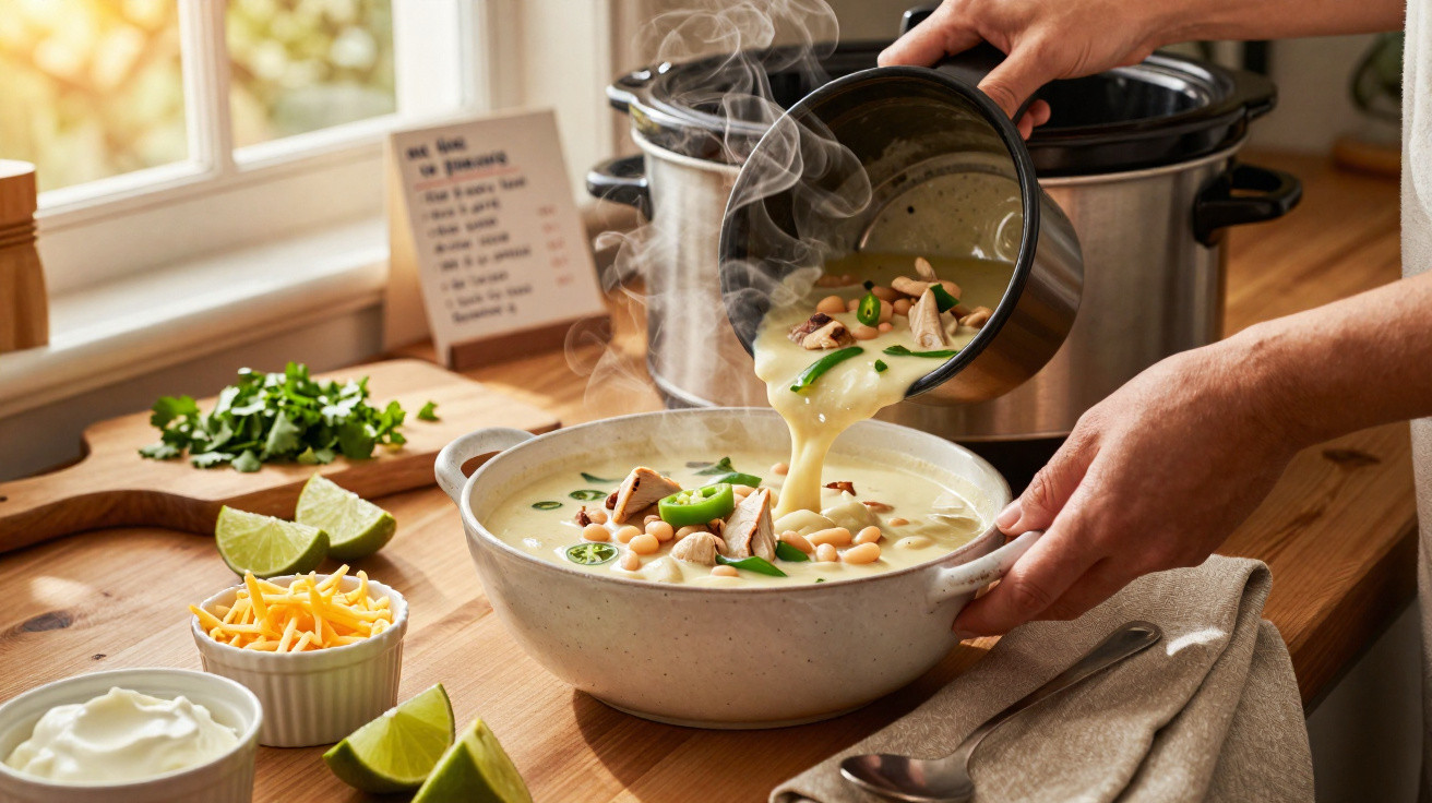 Pessoa a servir sopa cremosa quente com feijão, frango e pimento numa tigela branca numa cozinha iluminada.