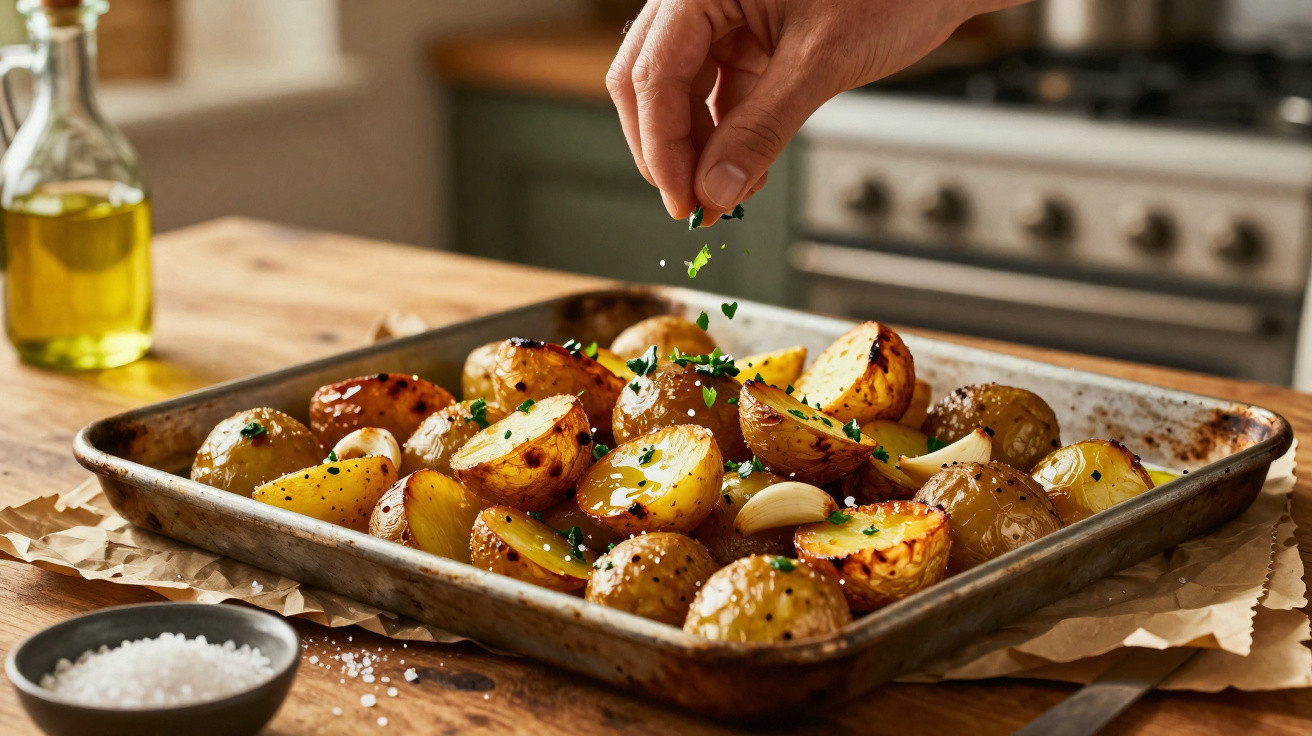 Batatas assadas com dentes de alho num tabuleiro, temperadas com ervas frescas e azeite.