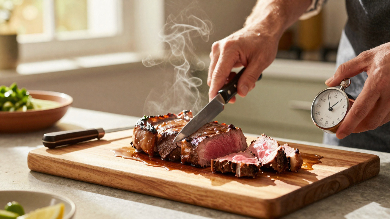 Pessoa a cortar bife mal passado numa tábua de madeira com termómetro de cozinha na mão.