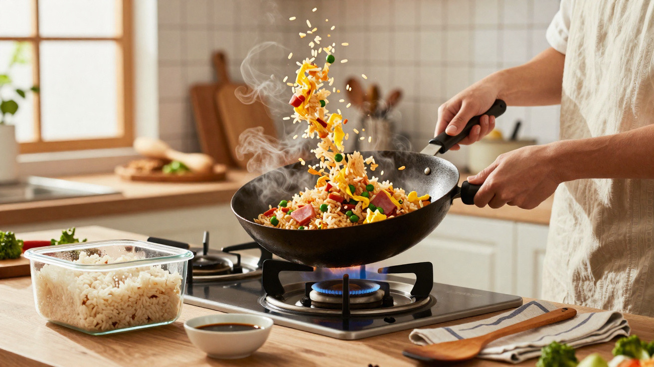 Pessoa a cozinhar arroz frito com legumes e fiambre numa wok numa cozinha luminosa e moderna.
