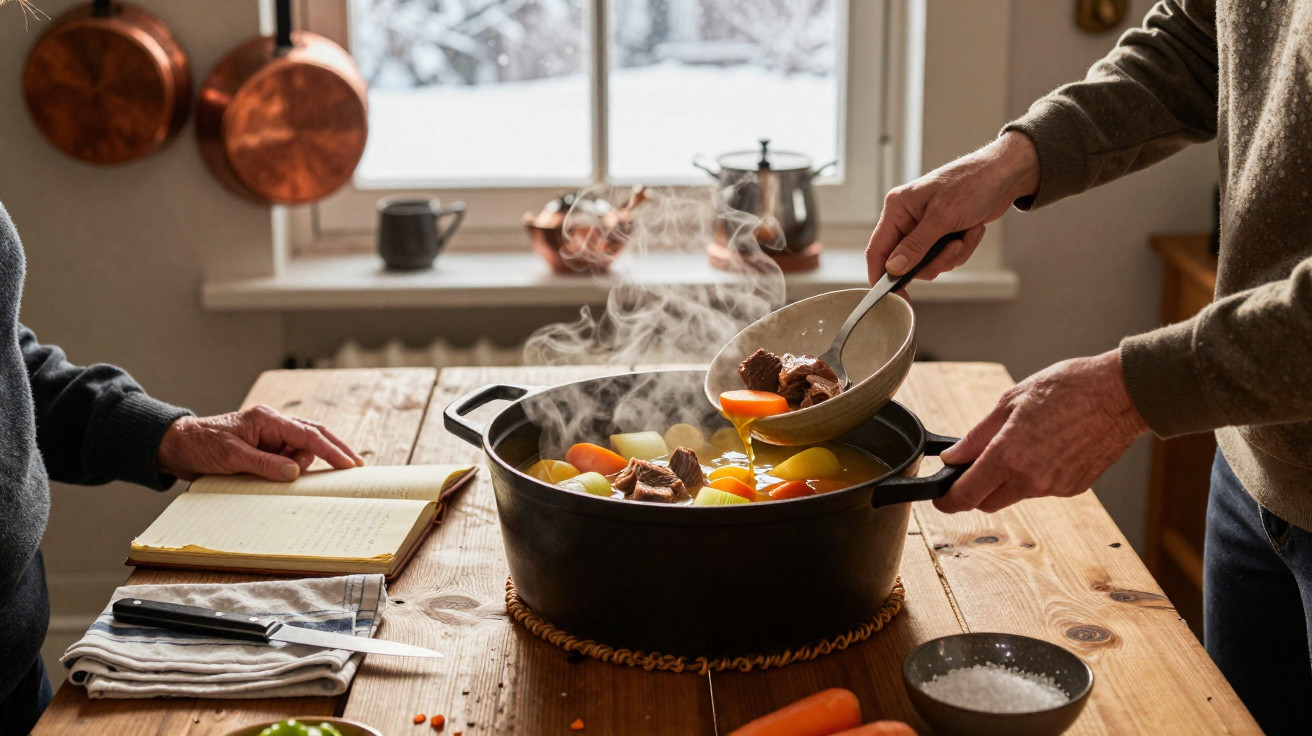 Duas pessoas a cozinhar um ensopado caseiro com carne e legumes numa panela preta, num ambiente acolhedor.