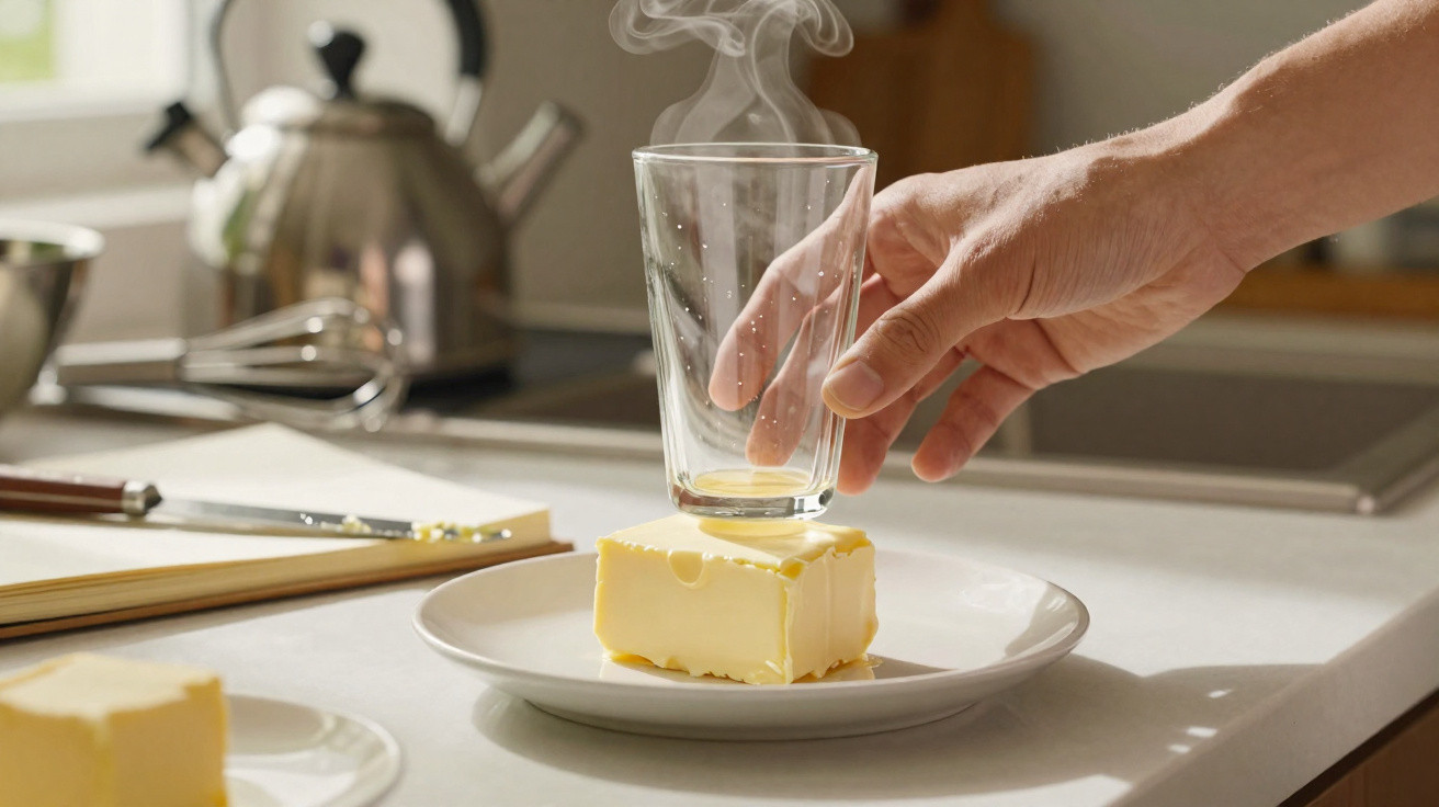 Mão segura copo com vapor sobre bloco de manteiga num prato branco numa cozinha iluminada.