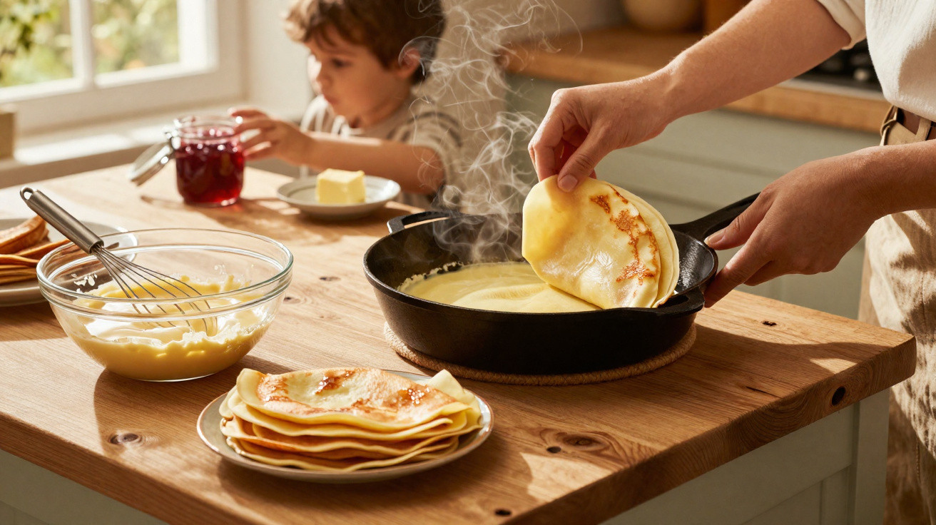 Pessoa a cozinhar crepes numa frigideira com criança ao fundo e prato com crepes feitos na bancada.