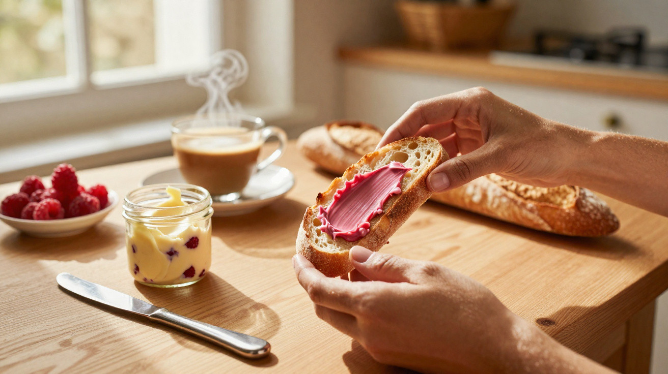 Pessoa a barrar creme rosa numa fatia de pão numa mesa com framboesas, café e pão baguete.