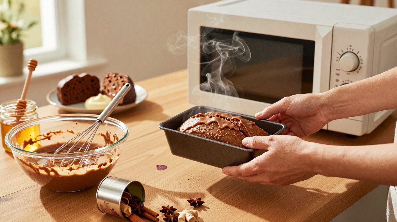 Mãos a retirar pão de ló quente e fumegante do forno micro-ondas numa cozinha acolhedora.