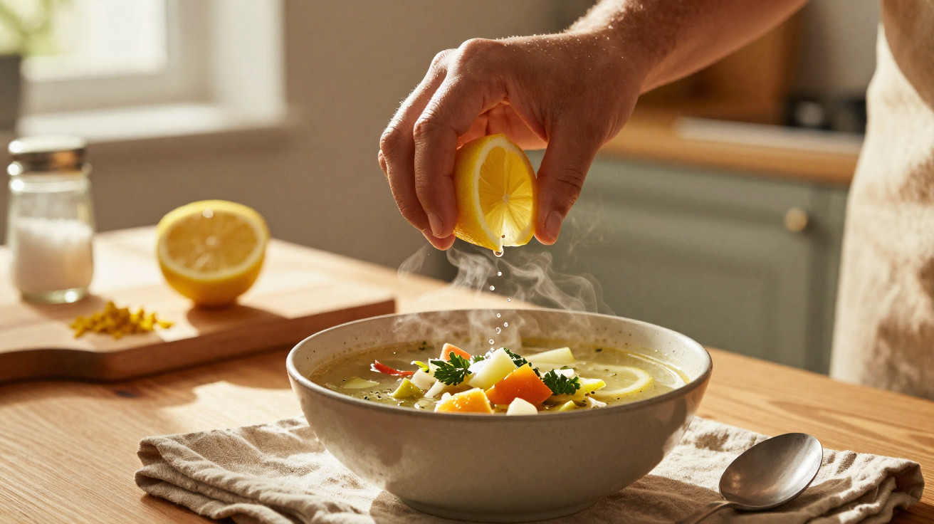 Mão a espremer limão quente sobre uma tigela de sopa com legumes em cima de uma mesa de madeira.