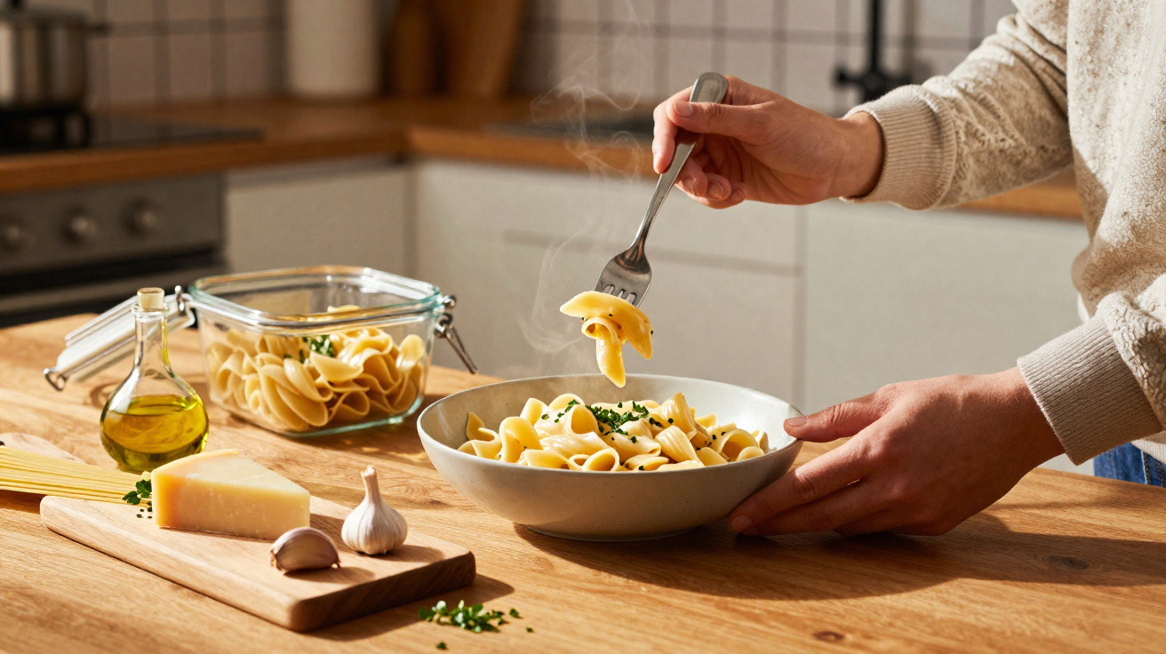 Pessoa a servir massa quente num prato branco numa cozinha com ingredientes como queijo, alho e azeite.