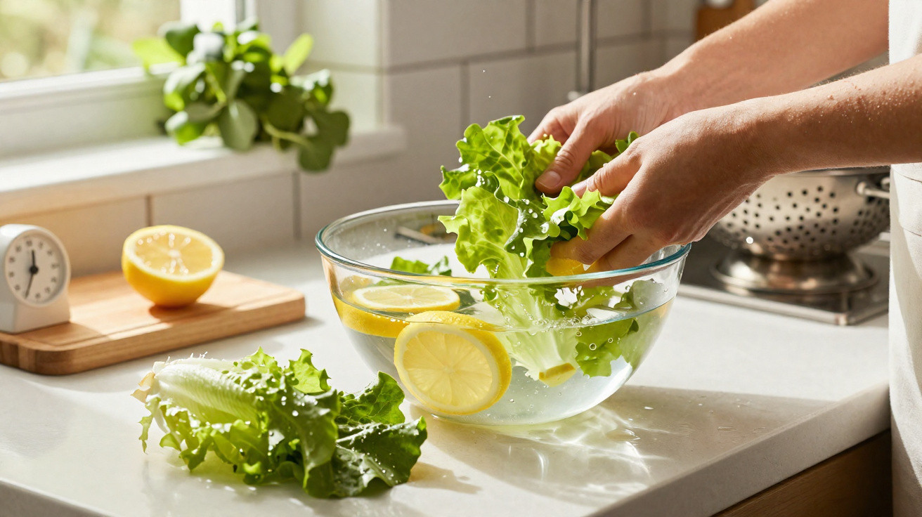 Mãos lavam alface e limão numa tigela de vidro com água numa cozinha iluminada e moderna.