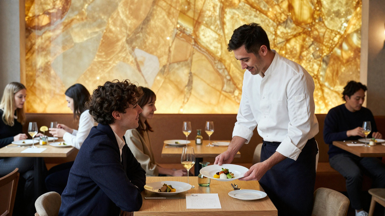 Garçom a servir prato a casal num restaurante elegante com decoração em tons dourados.