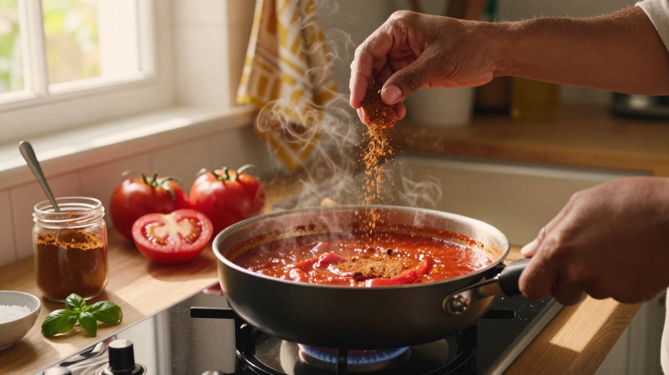 Mãos temperando molho de tomate fumegante numa frigideira na placa de gás com tomates frescos ao fundo.