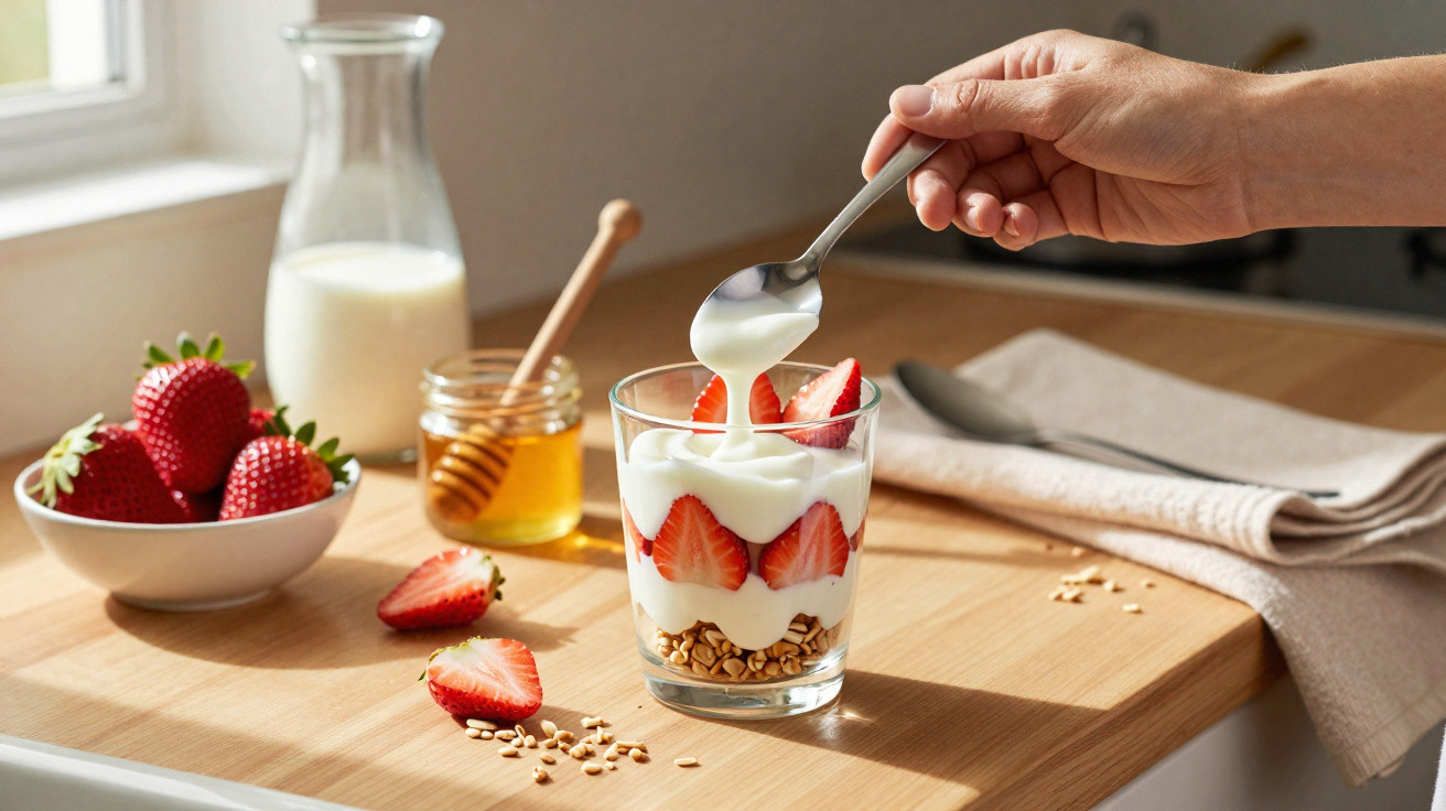 Mão a colocar iogurte num copo com morangos e granola, com mel, leite e morangos ao fundo.