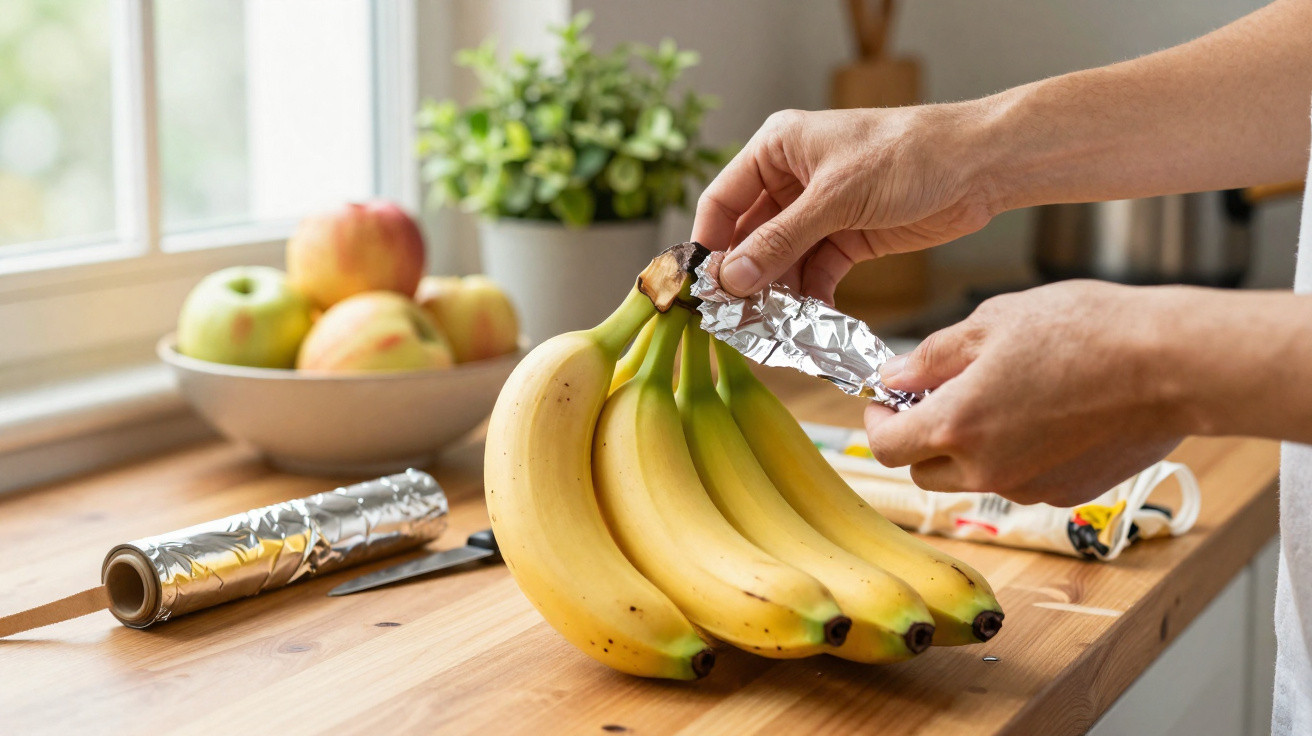 Mãos a embrulhar um cacho de bananas com folha de alumínio numa bancada de cozinha junto a uma fruteira.