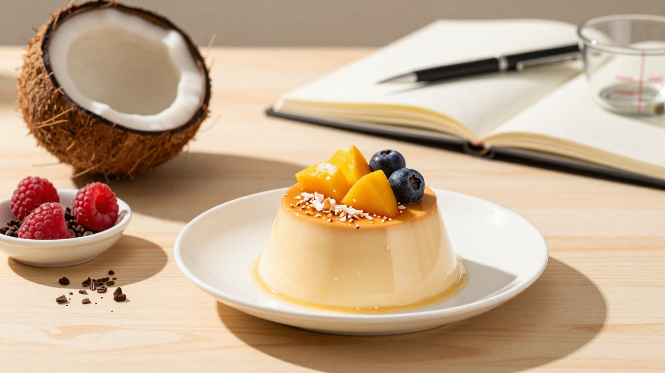 Pudim com caramelo coberto com frutas frescas e coco ralado, junto a coco partido e framboesas numa mesa de madeira.