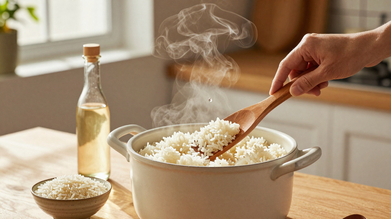 Mão a mexer arroz quente e fumegante numa panela branca numa cozinha bem iluminada.