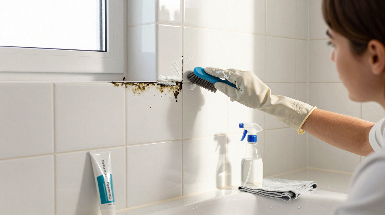 Pessoa a limpar mofo dos azulejos brancos da casa de banho com escova e luvas de borracha.