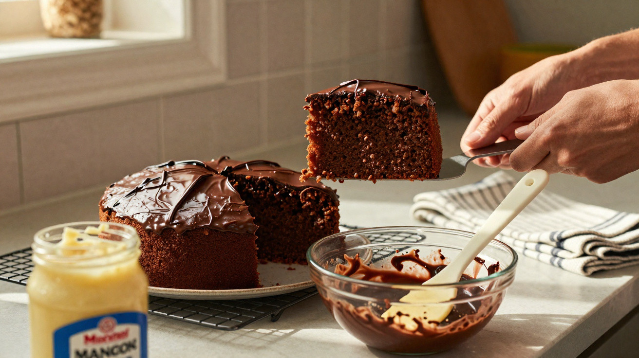 Bolo de chocolate com cobertura cremosa sendo retirado do prato na cozinha iluminada por luz natural.
